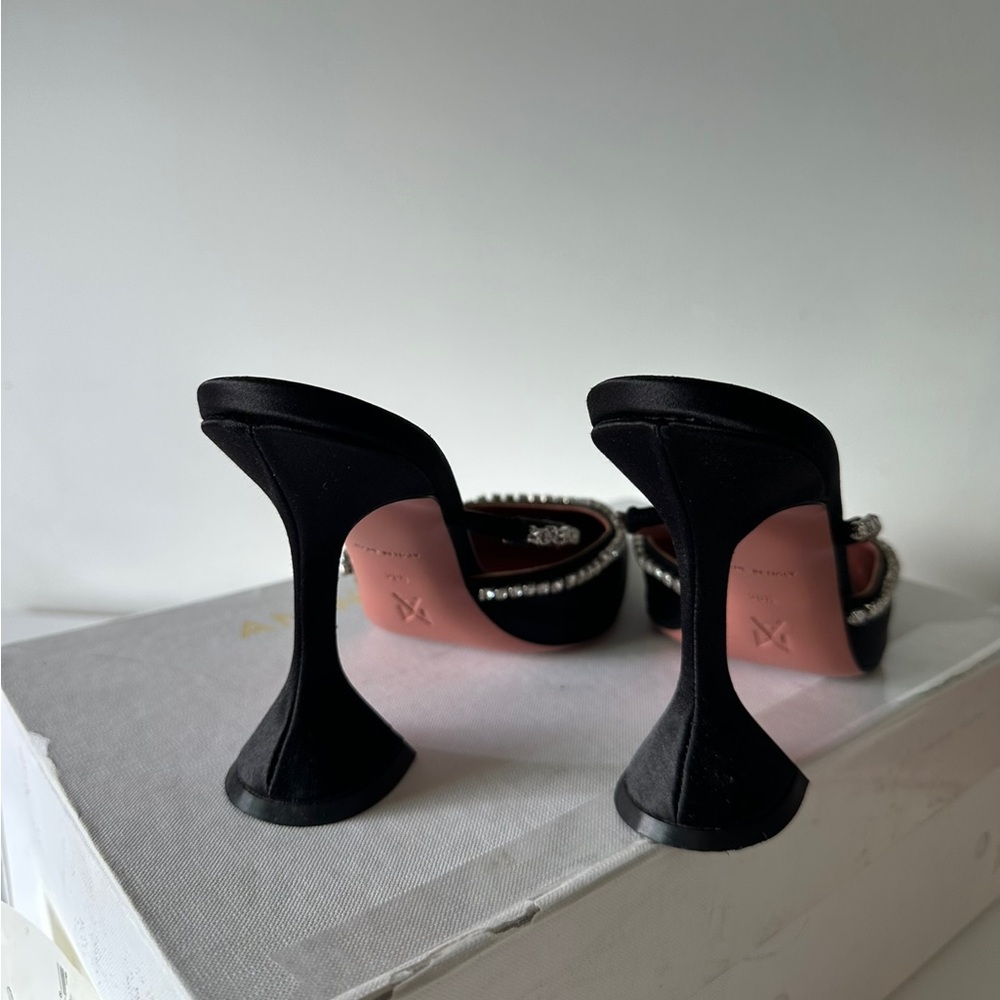 Amina Muaddi Black Satin Gilda Heels Pumps with Crystal Accents - Picture 3 of 13